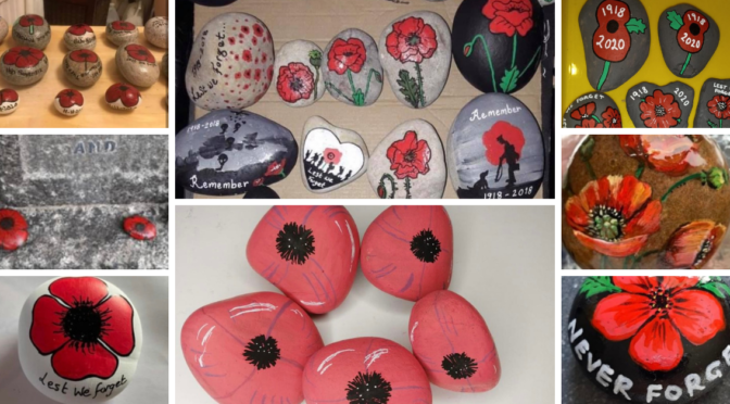montage of photos of pebbles painted with poppies